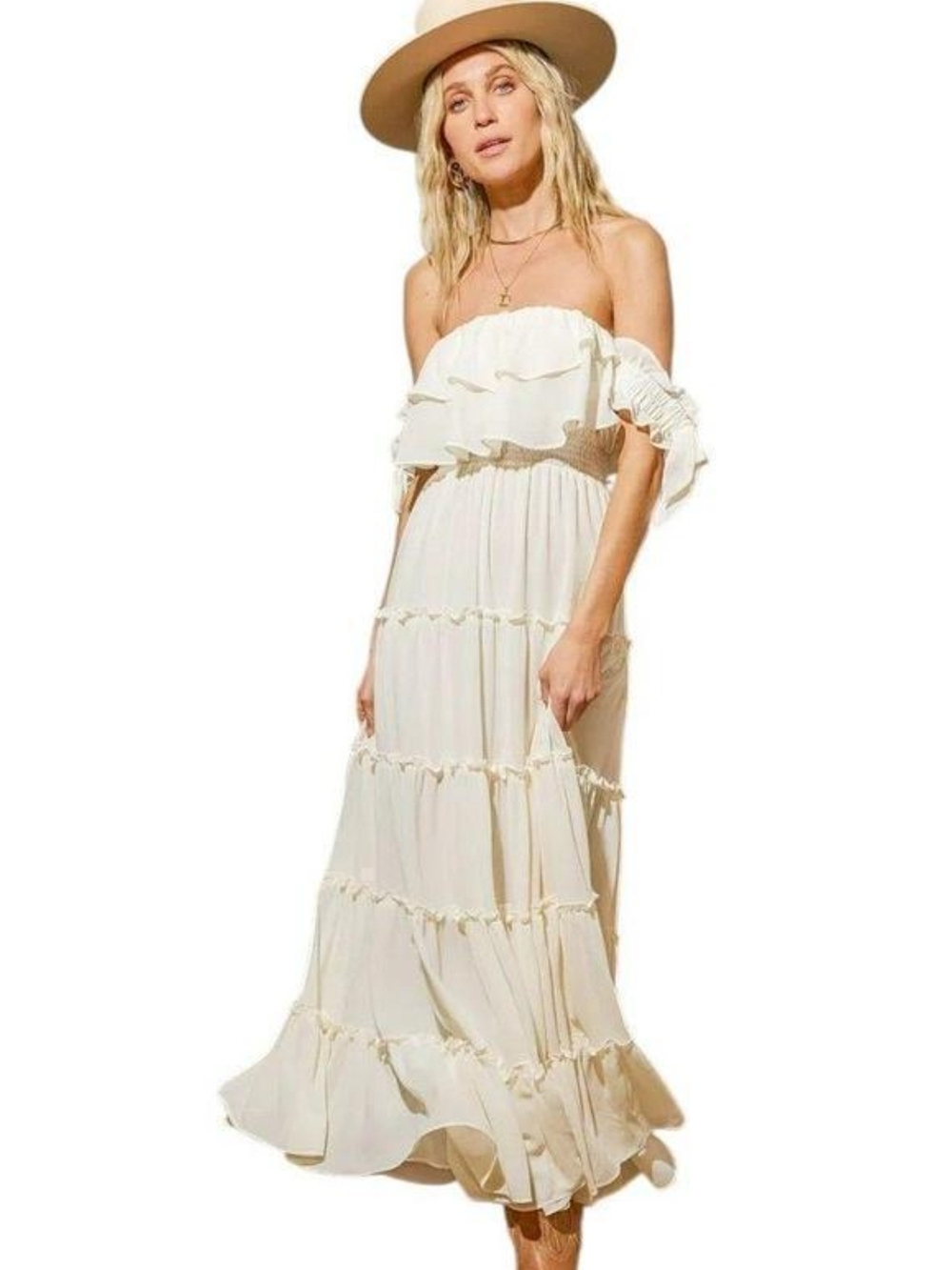 Lulu's Ivory Off-Shoulder Ruffle Tier Maxi Dress